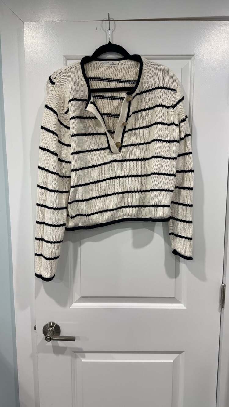 Primark Cares Striped Knit Half Button Henley Sweater Cream Black XL